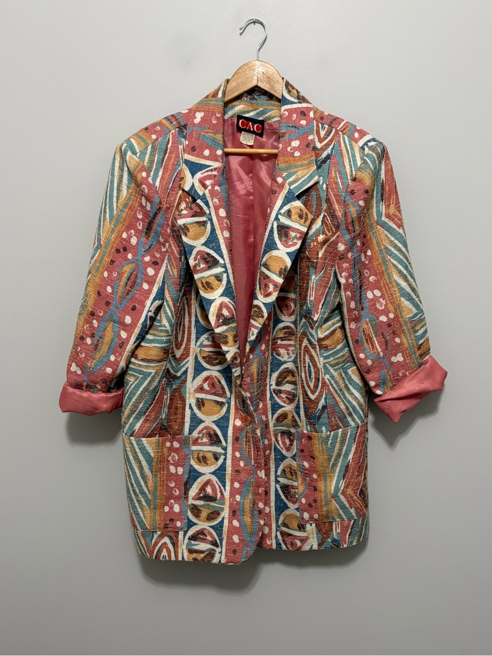 Vintage Indie Desert Wind Multicolor Patterned Blazer Jacket Coral Accents
